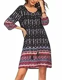Beyove Damen Bohemian Tunika Kleid Strandkleid Tunikakleider Vintage Strandtunika 3/4-Arm Rundhals Kleid Blumenmuster Kurzes Sommerkleider Tops Muster 2 L