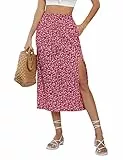 KOJOOIN Damen Rock mit Schlitz A-Linie Blümchen Midirock Boho Split Blumenrock Geblümt Strandrock Floral Freizeitrock Hohe Taille Print Röcke (Verpackung MEHRWEG), A-Blumen-Rot, M