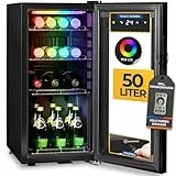 Sommertal Kühlschrank mit Glastür GK50 50L – Leiser Getränkekühlschrank mit RGB LED, Touchscreen & Schloss Kleiner Flaschenkühlschrank Schwarz