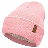 Bequemer Laden Damen Winter Warm Beanie Mütze Strickmütze mit Satin Gefüttert Thermo Wintermütze Lässig Mützen Cap, Rosa
