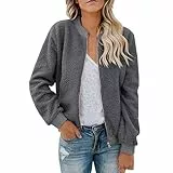 KOG Fleecejacke für Damen Herbstjacke Casual Vliesjacke Puffer Jacke Einfarbig Oberteil Frauen Pullover Wintermantel übergangsmantel Strickjacke Sport Jacke Parka Steppjacke Grau M