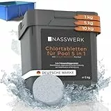 NASSWERK Chlortabletten für Pool 5 in 1 (5kg) | 200g Pooltabs Multitabs 5 in 1 mit Chlor, Algizid, pH Stabilisator, Flockungsmittel & Reiniger | Langzeit Multitabs Pool 200g für optimales Poolwasser