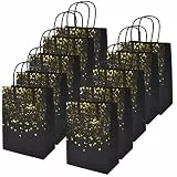Jinlaili 12 Stück Geschenktüten aus Kraftpapier, Papiertüten mit Henkel, Bronzing Kraft Tasche mit Gold Herz Verzierung, Party Geschenk Papiertüten für Weihnachten/Hochzeit/Geburtstag Party (Schwarz)