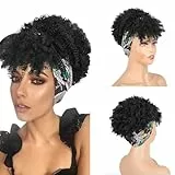 Kinky lockige Perücke mit Pony, kurze Afro-Perücke, 2-in-1 für schwarze Frauen, Afro-Puff-Perücken mit verstellbarem Stirnband, hitzebeständiges Kunsthaar, natürlich aussehende Perücke für tägliches