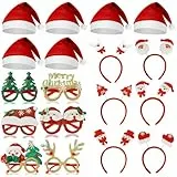 JOYEONDEF 18 Stück Weihnachts-Accessoires Set mit 6 Haarreifen Weihnachten, 6 Nikolausmützen & 6 Lustigen Brillenrahmen – Party Deko & Foto Requisiten für Weihnachtsfeier