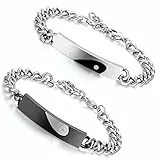 Flongo Partnerarmbänder, 2 Stück Edelstahl BFF Armband Armreif Freundschaft CZ Zirkon Zirkonia Silber Schwarz Panzerkette Kette Herz Valentine Lieben Paar Paare Verlobung His & Hers Set Herren,Damen
