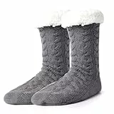 AWAVM Hausschuhsocken für Damen, Weihnachten, flauschig, Thermosocken, Bettsocken, warm, lustig, gemütlich, mit Fleece gefüttert, rutschfest, Weihnachtsmann-Socken mit Gel-Griffen (grau), grau,