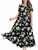 YESNO Damen Kleider Freizeit Lose Sommerkleid Lang Boho Maxikleid für Rundhals Strandkleid Blumenkleid 3XL EJFDE CR346