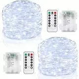 2 Stück Lichterkette Außen Batterie, Gesamt 12M 120 LED Lichterketten mit timer und Fernbedienung, Wasserdicht Mini Lichterkette mit Batterie für Zimmer Garten Weihnachten Hochzeit Deko (Weiß)
