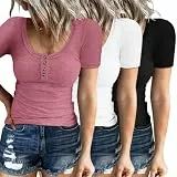 YGOODM T-Shirt Damen 3 Pack Tank Top Sexy Kurzarm Shirt Sommer Tank top Basic Slim Fit Gerippt Oberteil mit Knöpfen