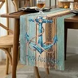 Tischläufer Modern Ozean Anker Wohnzimmer Frühling Blaugrün Planken Scheune Läufer Tischlaufer Leinen für Esstisch Party Hochzeit Küche Tisch Dekoration 33 x 183 cm