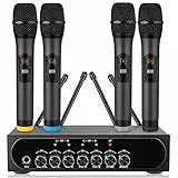 LiNKFOR 4 x UHF Mikrofon drahtloses UHF 4 Kanal Mikrofonsystem mit 4 drahtlosen Handmikrofonen, 50 * 4 Kanälen wählbare Frequenz, Echo, Bluetooth, AUX, ideal für DJ, Gesang, Kirche, Hochzeiten