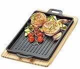 Küchenprofi BBQ Grillpfanne Gusseisen gerillt auf Holzbrett, eckig, 32 x 22 x 3,5 cm, Feuerstelle, alle Herdarten inkl. Induktion, Servierpfanne 0305351026