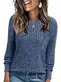 Cicy Bell Damen Langarmshirt Leichte Strickpullover Henley Shirt Dressy Casual Rundhals Sweatshirt Loose Fit Tunika Tops,Blau,M