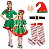 FORMIZON Weihnachtself Kostüm Set, Weihnachtskostüm Kinder Mädchen, Elfen Kostüm mit Hat, Elfenohren, Weihnachts Outfits Elfen Kostüm für Karneval Weihnachten Cosplay Party (150)