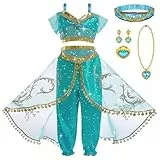 DiULi Jasmin Verkleidung für Mädchen, Prinzessin Jasmin Kostüm Kinder mit Zubehör, Aladin Kostüm Kinder Dress Up Kostüm für Cosplay Weihnachten Halloween Geburtstagsfeier(120CM)