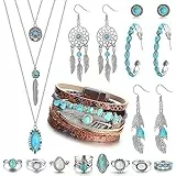 JeweBella Bohemian Schmuck für Damen - Böhmisches Türkis Anhänger Choker Halskette & Ohrringe, Boho Leder Perlen Armband, Stapelbare Knuckle Ringe, Western Schmuck Set