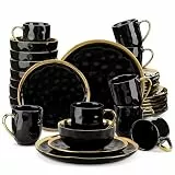 LOVECASA Tafelservice Set, Serie Apollo, 32-teilig SWEET Geschirrset aus Porzellan, Schwarz Geschirr Set mit Goldrand, Kombiservice für 8 Personen mit Speiseteller, Dessertteller, Schalen und Tassen