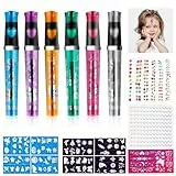 Tattoo Stifte Kinder, 17 Stück Glitzer Temporäre tattoo set kinder für Skin, 6 Stück Wasserfest Glitzer Tattoo Stift Pen, mit 4 Blatt Edelsteinaufklebern, 5 Schablonen für Erwachsene Geburtstage Party