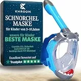 Khroom Schnorchelmaske Kinder ab 3 Jahre | TÜV geprüft & CO2 sicher | Vollgesichtsmaske / Tauchmaske Kinder ganzes Gesicht | Tauchermaske mit Tragetasche (Hai Blau)