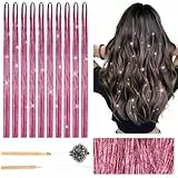 Deepton 2000 Hair Tinsel, 120cm Glitzer Haarsträhnen mit Werkzeug, Haar Lametta Set, Mädchen & Kinder Haarlametta, Glitzersträhnen für Haare für Frauen Kinder Cosplay Party Zubehör, Rosa