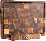 B4K® Küchenbrett 40x30x4cm mit Ständer aus Massivem Walnussholz Stirnholz | Antibakterielles Schneidebrett mit Griffen, Silikonfüßen und Saftrille | Hackblock