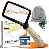 LupenRhein® Große Lupe mit Licht inkl. Batterien - Klappbare Leselupe mit Licht für Senioren groß - 3X Vergrößerungsglas - Handliche Leselupe für Senioren groß mit dimmbaren Licht