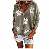 Damen Cardigan mit knöpfen Blumen-Stickerei Strickjacken Pullover Cardigan Langarm Casual Strickmantel Leichte Herbst Winter Kurz Grobstrick Jacke Strickjacke Strickweste Grau XXL