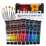 Fantastory Acrylfarben Set - 18 x 36ml Tube Acrylic Paint mit 10 Pinseln, hochpigmentiert, wasserfest & lichtecht für Leinwand, Steine, Holz, Modellbau & Basteln