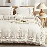Sedefen Rüschen Bettwäsche 200x220cm Beige Weiß Doppellagige Rüschen Bettwäsche Set für Damen Mädchen Romantische Weich Mikrofaser ÖKO-TEX Bettbezug mit Reißverschluss und 2 Kissenbezug
