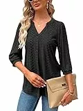 Damen Bluse Elegant V-Ausschnitt 3/4 Ärmel T-Shirts Oberteile Lässige Tunika Kurzarm Shirt Blusen Casual Solide Tops Longshirt für Sommer Hemdbluse Schwarz M
