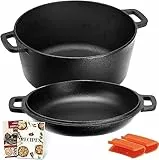 Overmont Gusseisen Topf Dutch Oven einsatzfertig eingebrannt Doppelfunktion Deckel/Bratpfanne für Küche Camping Garten BBQ Backen Gasgrill