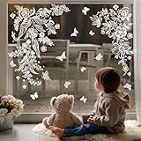 Supzone Fensteraufkleber Weiße Lotusblume Fensterbilder Frühling Sommer Blumenzweig Fenster Abziehbilder Doppelseitige Statische Anti-Kollision Fensterfolie Glas Fenster Türen Fensterdekoration