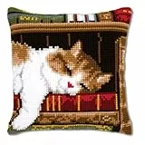 VERVACO Kreuzstich Stickpackungen Kissen Stickerei Set Anfänger Vorgedruckt Schlafende Katze DIY Set Kreativ Set Für Erwachsene Dekoratives Kissen ca. 40 x 40 cm Bastelset Handwerker Haus Dekoration