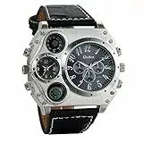 Avaner Herren Militär Quarz Armbanduhr Schwarz PU Lederband Großes Gesicht Zwei Zeitzone Analoge Kompass Thermometer Dekorative Zifferblatt Sportuhr