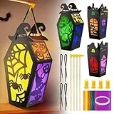 Leboria Laternen Bastelset Halloween Basteln Kinder - 4er Pack Spukhaus, Papierlaternen mit Buntglas Effekt und Licht, Halloween Deko Leuchtend