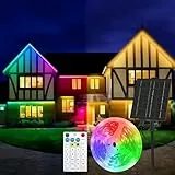 Aitesuo Solar LED Strip 5m, Farbwechsel & Warmweiß 3000K Solarbetriebene LED Streifen Außen mit Fernbedienung, Dimmbar, 19 Modi, Timers, IP65 Wasserdicht, LED Band Selbstklebend für Garten, Terrasse