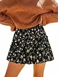 CUPSHE Damen Minirock Blumenmuster Rüsche Hohe Taille Elastisch A-Linie Kurzer Lässiger Rock Schwarz S
