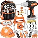 KidBloom Werkzeugkoffer Kinder ab 3 Jahre, 50 Stück Geschenk Junge 3 Jahre mit Rucksack, Werkzeug Kinder mit Bohrmaschine & Bauhelm, Spielzeug ab 3 4 5 Jahre Junge