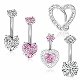 DIVINA VITAE Bauchnabelpiercing Barbell Set 5 Stück Bauchpiercing Chirurgenstahl Silbernes Herz Rosafarbenes Anhänger, Bauchnabelpiercing Bauchnabelring, Piercing Bauchnabel Schmuck Damen