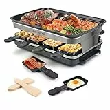 Raclette 8 Personen Tischgrill Elektrisch, Raclette Grill mit 8 Mini Pfännchen & 4 Holzspatel Stufenlos Regulierbare Temperatur, 1500W, Antihaftbeschichtet, Edelstahl