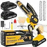 Bürstenloser Mini Kettensäge Mit Akku,6 zoll Elektro-Kettensäge Handkettensäge Akku für Gartenscheren Astschere Holzschneidenz 2 Akkus und 2 Ketten, 700W leistungsstarkem Motor.