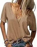 Tankaneo Damen Mode tief V-Ausschnitt Kurze Ärmel Tops Solide Lässig Lose Basic T Shirt Khaki XL