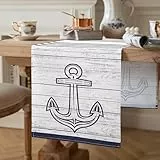 Tischläufer Grau Modern Küche Esstisch Dekoration Tischläufer 40 x 140 cm Leinen Tischläufer Landhausstil Retro Art Maritimes Thema Blau Streifen und Anker für Drinnen und Draußen Urlaub Party Dekor