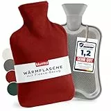 Blumtal Premium Wärmflasche mit Bezug Fleece - Wärmeflasche aus verwendungssicherem Naturkautschuk mit Fleecebezug - auslaufsichere Bettflasche - beruhigend & wärmend - flauschige Wärmflasche Rot