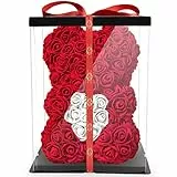 NADIR Rosen Bär Blumenbär mit Geschenkbox, Geburtstagsgeschenk für Frauen, Geschenk für Freundin zum Geburtstag Jahrestag, Rose Bear Teddybär, Geschenk Hochzeitstag (Rot, 25 cm)