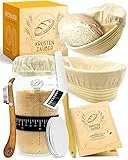 KRUSTENZAUBER 2er Set Gärkörbchen & 600ml Sauerteig Starter Set im Vorteilspack - Gärkörbe aus Rattan inkl. Gärtuch sowie Gärglas mit Spatel und Bäckermesser, Brot Backen Zubehör, Sauerteig-Glas