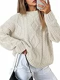 Saodimallsu Strickpullover Damen Oversized Grobstrick Zopfstrick Pullover Rundhals Langarm Einfarbig Oberteile Elegant Cable Knit Pulli Casual Lose Winter Sweatshirt Beige M