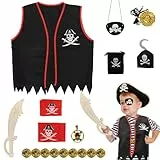 DKINY 18PCS Piratenkostüm Kinder Halloween Piraten Kostüm Junge Pirat Weste mit Augenklappe Piratenhaken Kopftuch Piraten Cosplay Kinderkostüm Zubehör für Halloween Karneval Fasching Piratenparty
