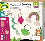 Lena 42839 Eco Macramé Jewelry, Knüpfset für Kinder ab 8 Jahren, Bastelset zum Knüpfen von einem Schlüsselanhänger, einer Halskette, einem Haargummi und einem Regenbogenanhänger, Kreativset Schmuck